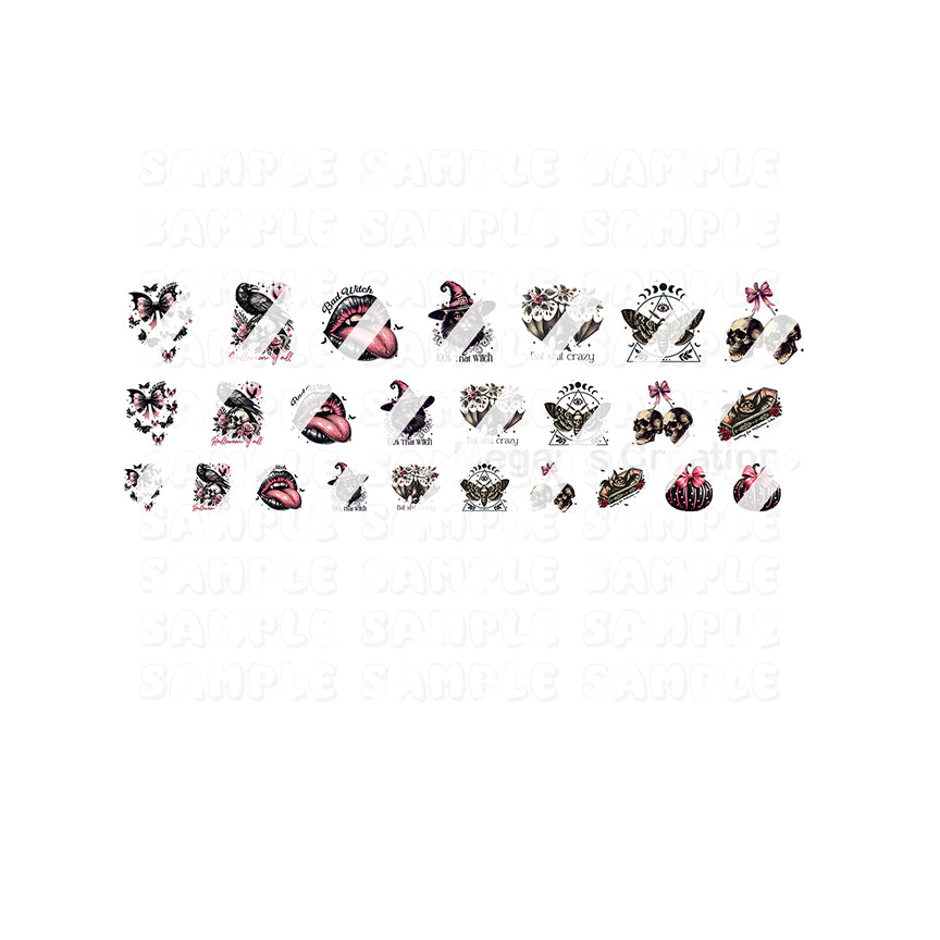 Pink & Black Halloween Nail Art Decals - Waterslide Nail Decals