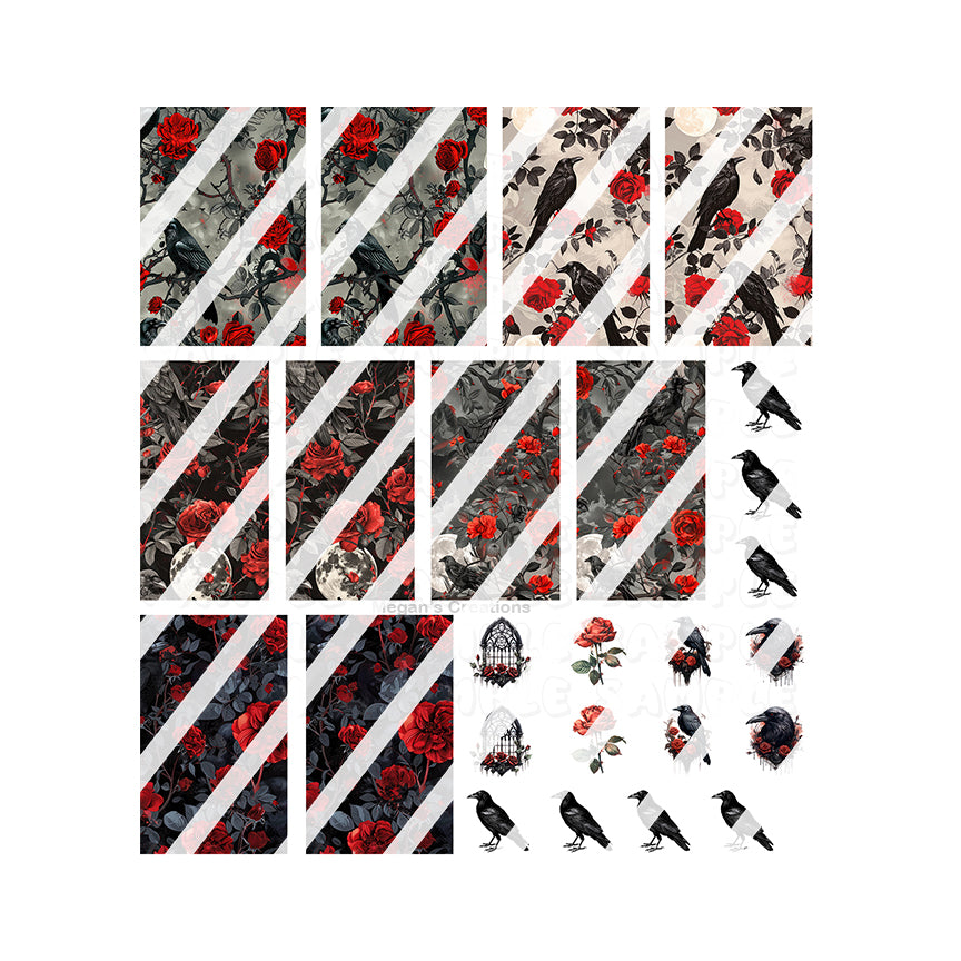 Crows and Roses Nail Art Decals - Waterslide Nail Decals