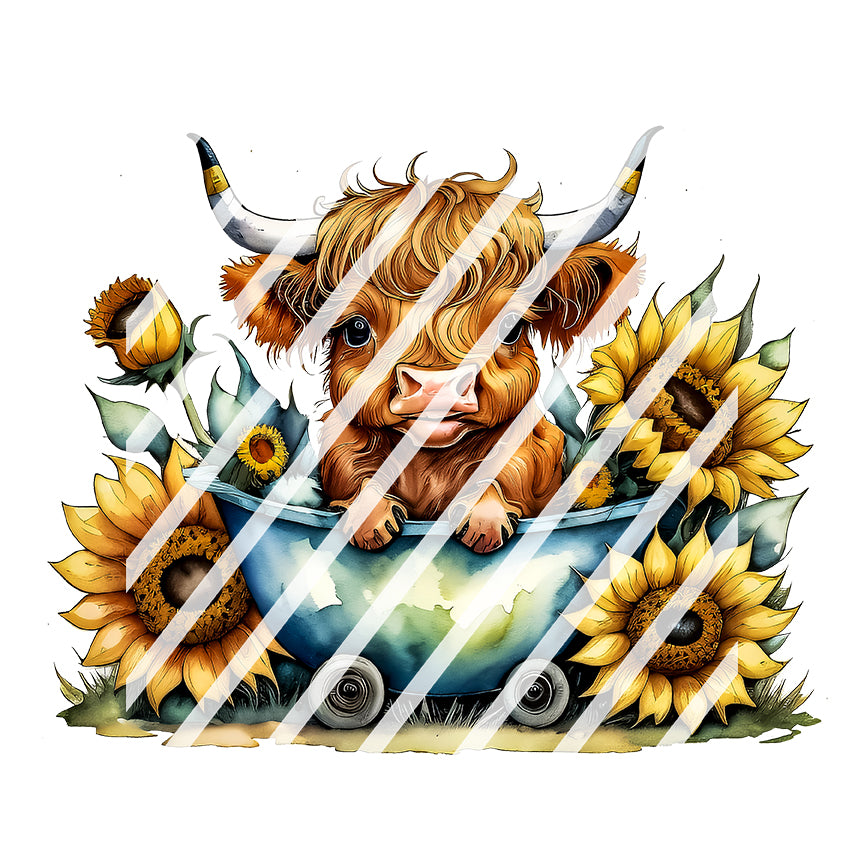 Sunflower Highland Cow Waterslide Decals -  Ready to Use - Design #9