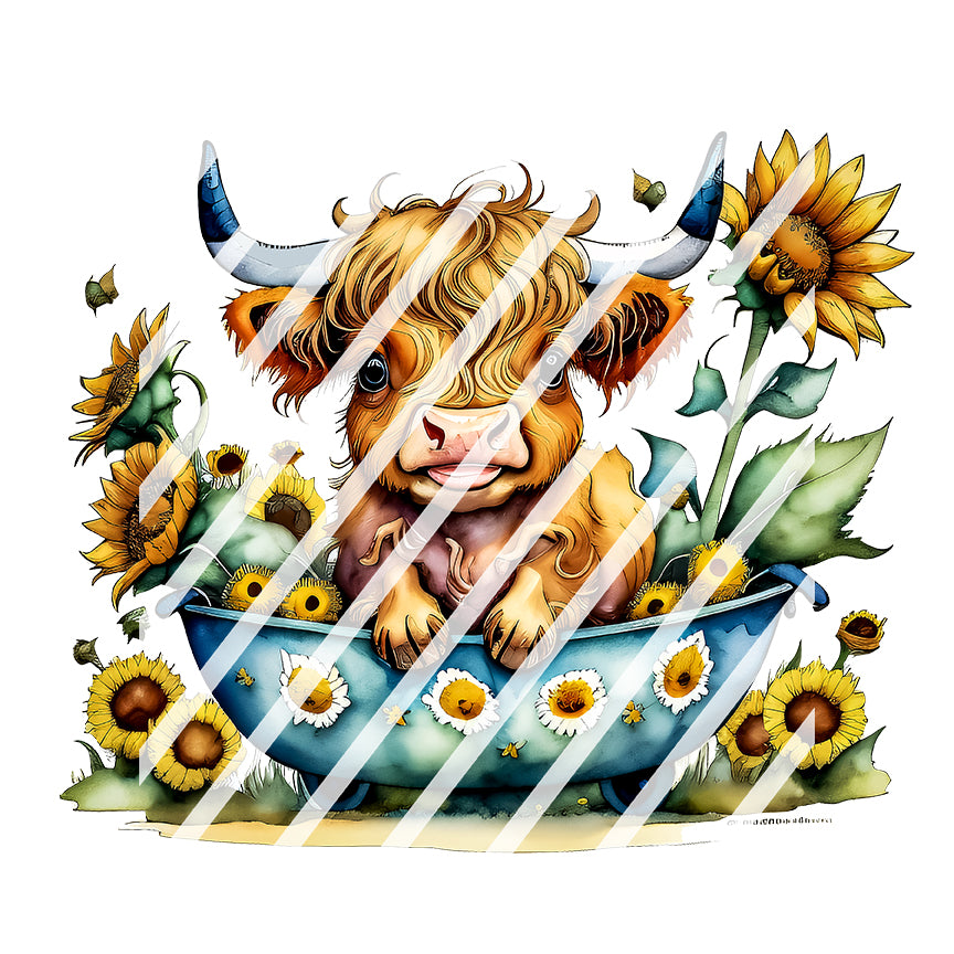 Sunflower Highland Cow Waterslide Decals -  Ready to Use - Design #12