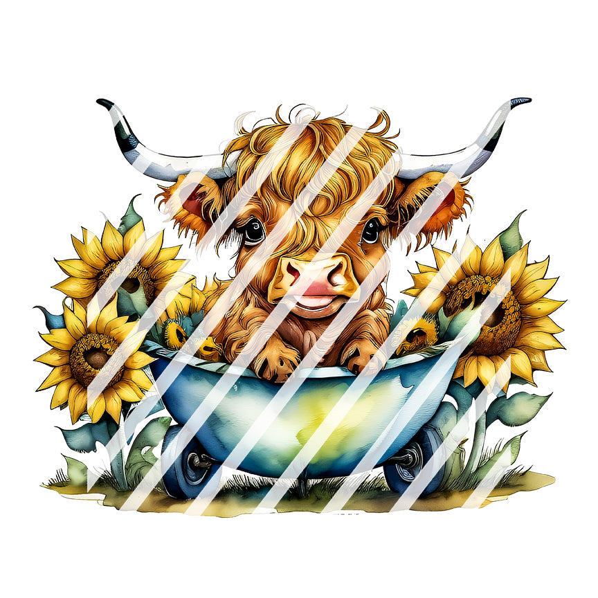 Sunflower Highland Cow Waterslide Decals -  Ready to Use - Design #13