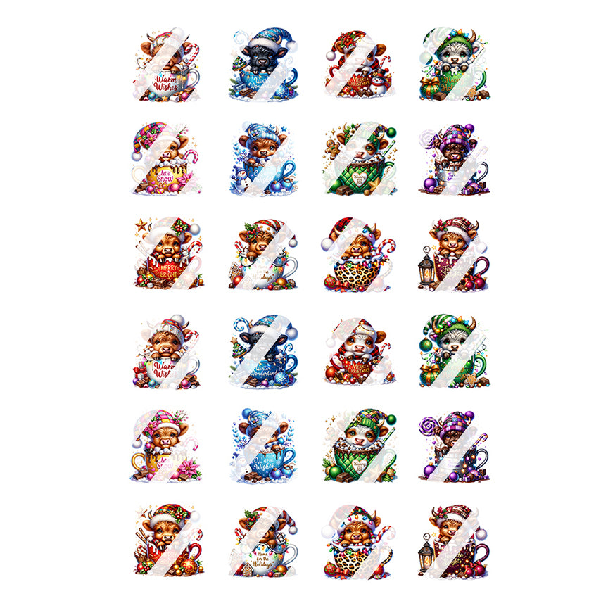 Christmas Hot Cocoa Highland Cows Nail Art Decals - Waterslide Nail Decals
