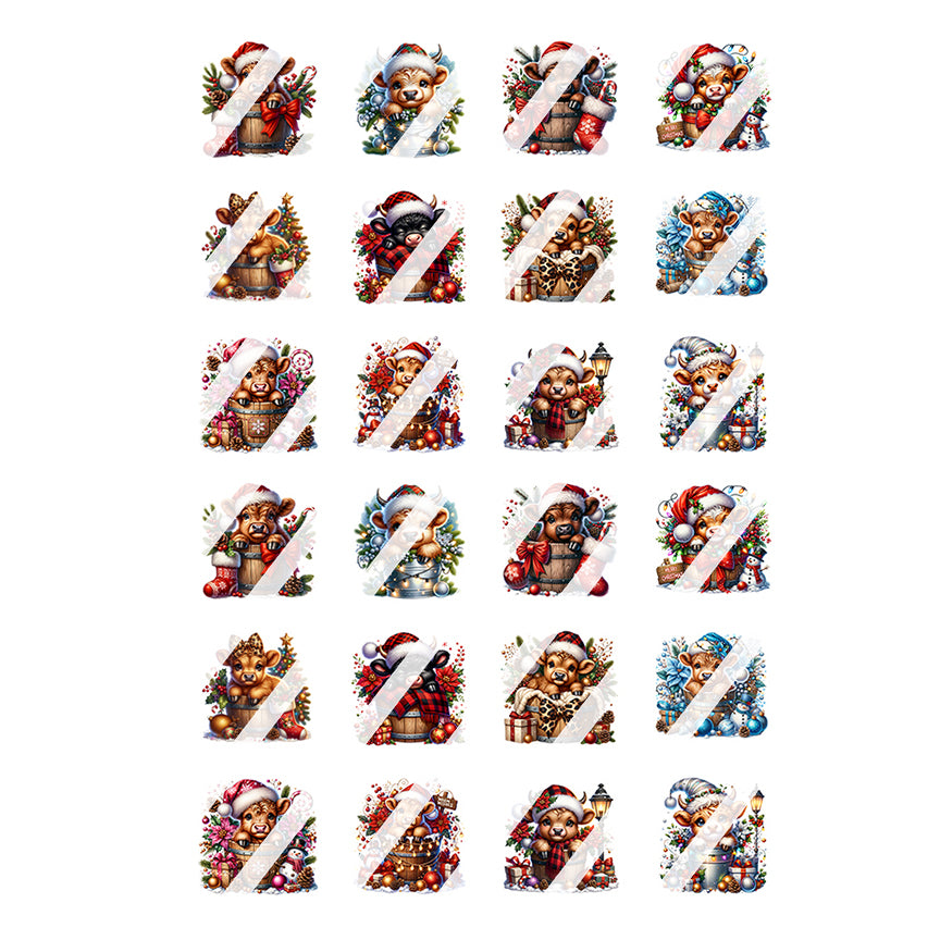 Christmas Highland Cows In Bucket Nail Art Decals - Waterslide Nail Decals