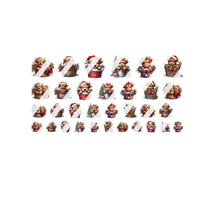Christmas Highland Calf in Buckets Nail Art Decals - Waterslide Nail Decals