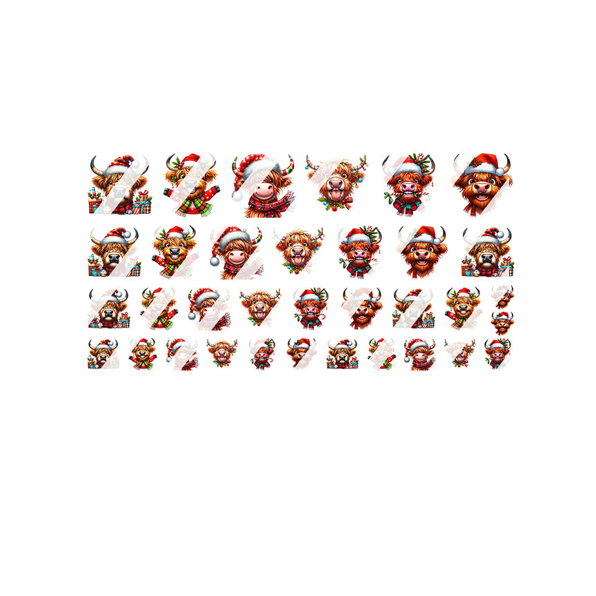 Christmas Highland Cow Face Nail Art Decals -  Waterslide Nail Decals