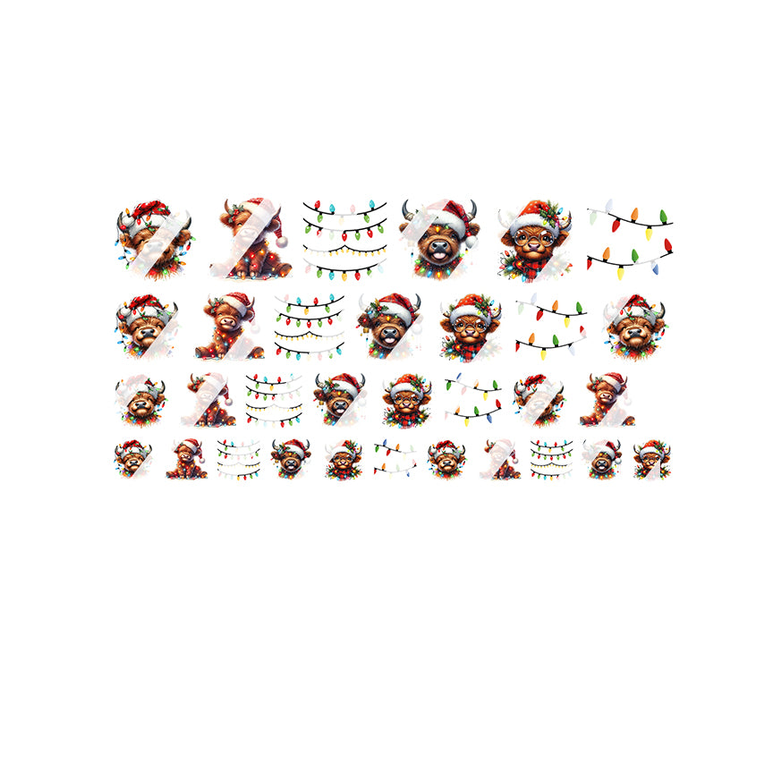 Christmas Highland Cow Christmas Lights Nail Art Decals - Waterslide Nail Decals