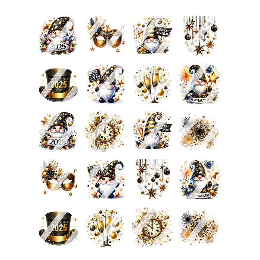 New Year's Party Black & Gold 2025 Gnome Nail Art Decals - Waterslide Nail Decals