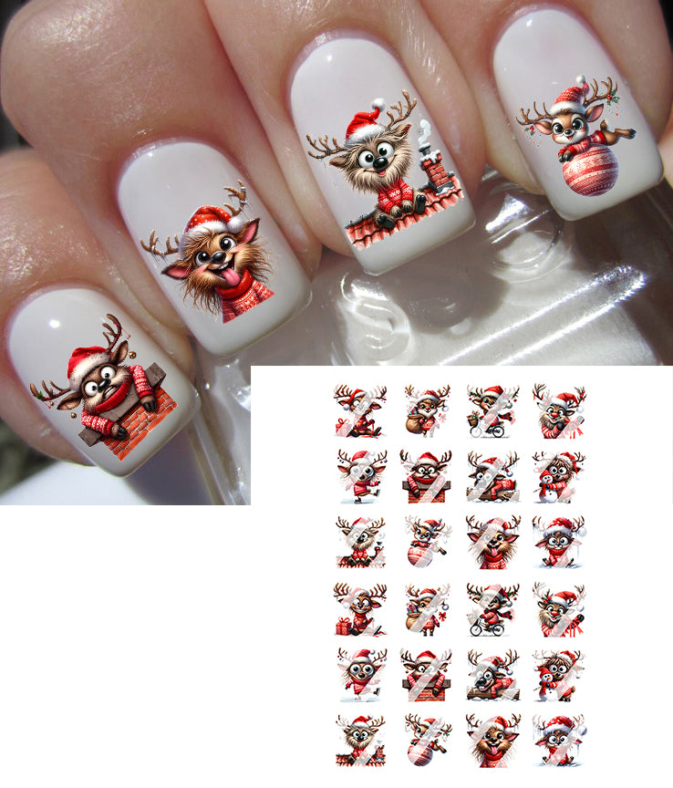 Christmas Silly Deer Reindeer Fawn Nail Art Decals - Waterslide Nail Decals