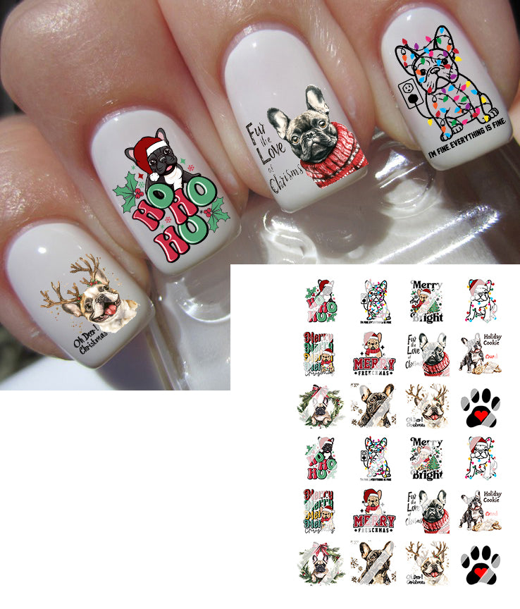 Christmas French Bulldog- Nail Art Decals -  Waterslide Nail Decals