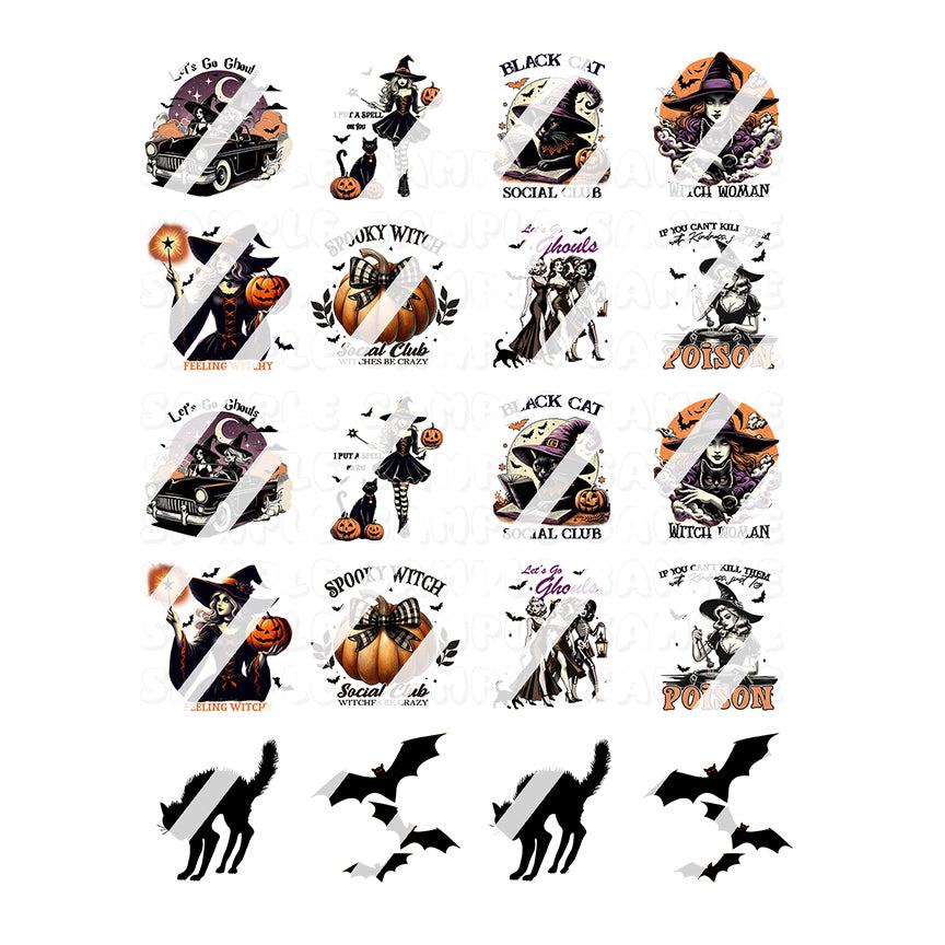 Halloween Witch, Black Cat & Bats Nail Art Decals - Waterslide Nail Decals