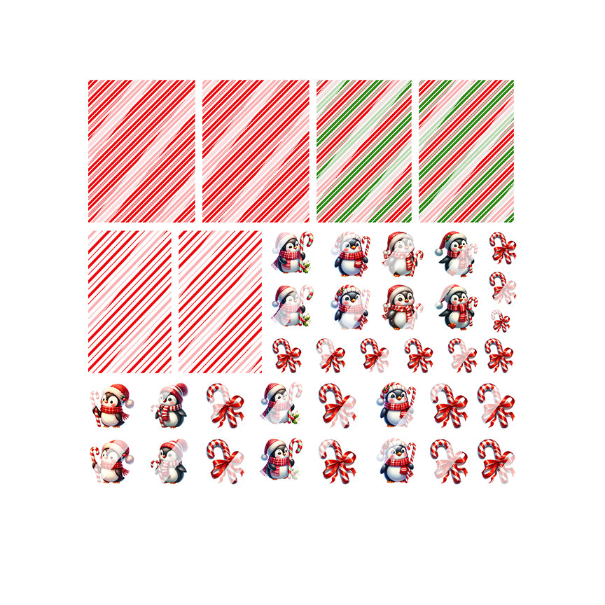 Christmas Candy Cane Christmas Penguin Full Nail Art Decals - Waterslide Nail Decals
