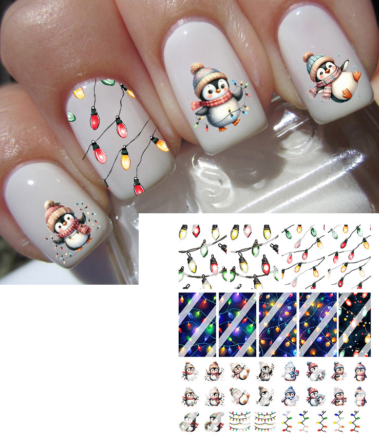 Christmas Light Christmas Penguin Full Nail Art Decals - Waterslide Nail Decals