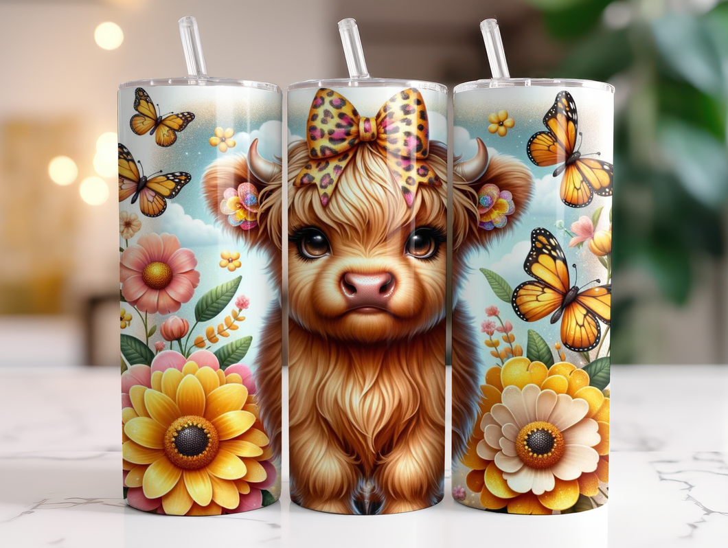 Spring Time Highland Cow Tumbler - Insulated Stainless Steel 20 oz. Skinny Tumbler