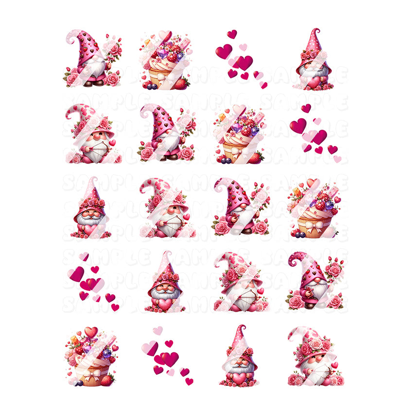 Valentines Day - Gnomes Pink Hearts Valentine's Day Nail Art Decals- Waterslide Nail Decals