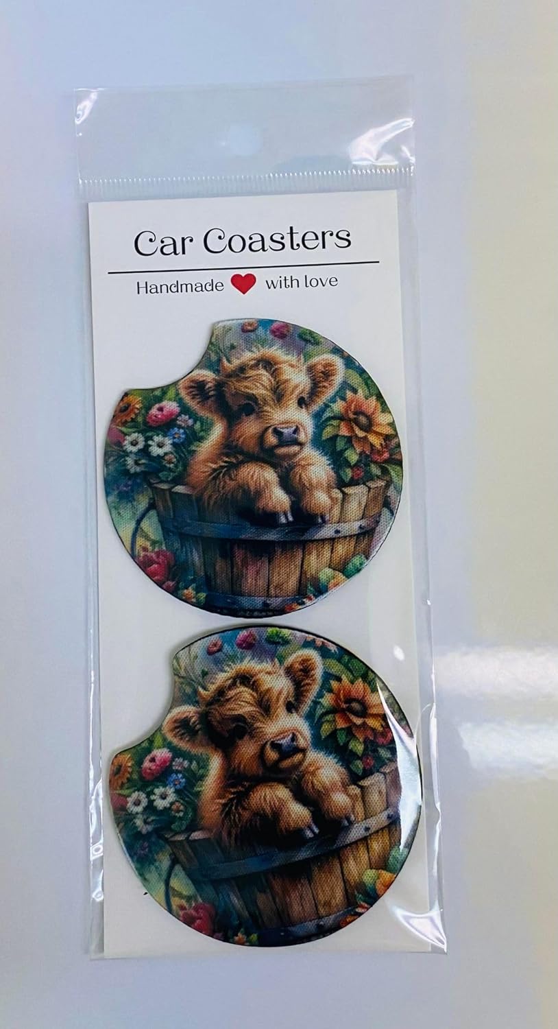 Highland Cow Design #2 Car Coaster Set of 2