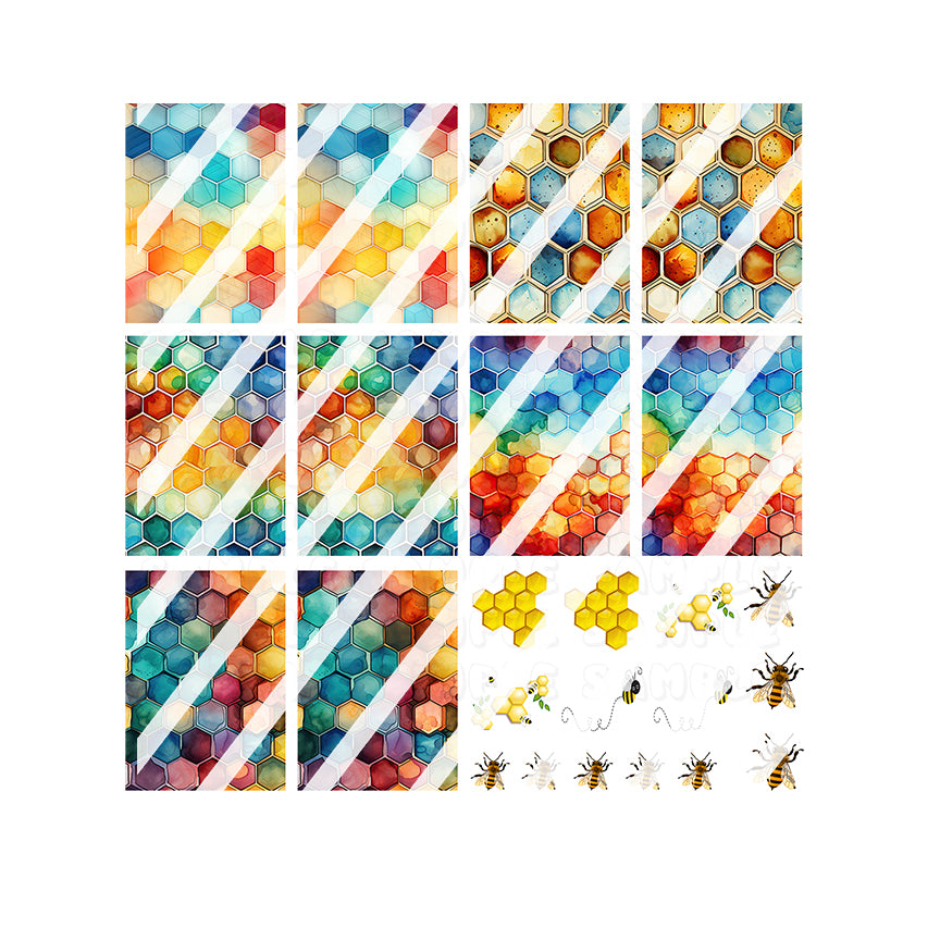 Watercolor Honeycomb Bee Full Nail Cover Nail Art Decals- Waterslide Nail Decals
