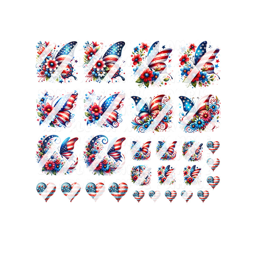 Patriotic, 4th of July Butterflies, Flowers and Hearts Full Nail Cover Nail Art Decals- Waterslide Nail Decals