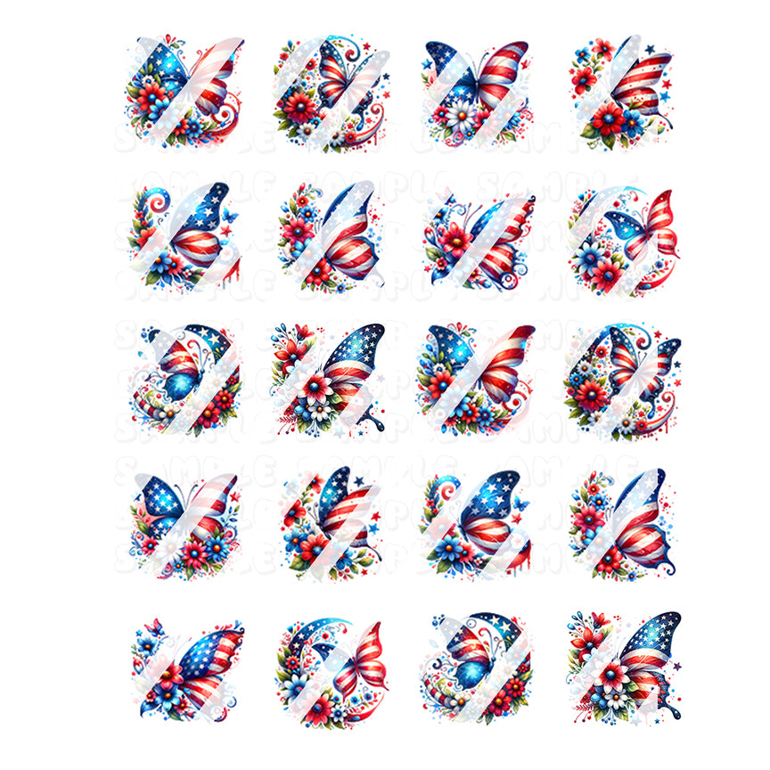 July 4th, Patriotic, Fourth of July, Independence Day, American Flag Butterfly Nail Art Decals - Waterslide Nail Decals