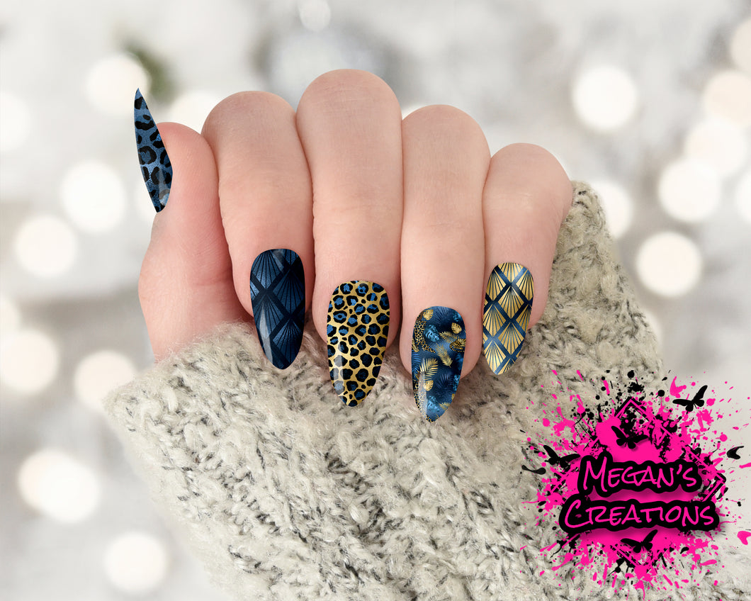 Blue and Gold Leopard Full Nail Cover Nail Art Decals - Waterslide Nail Decals