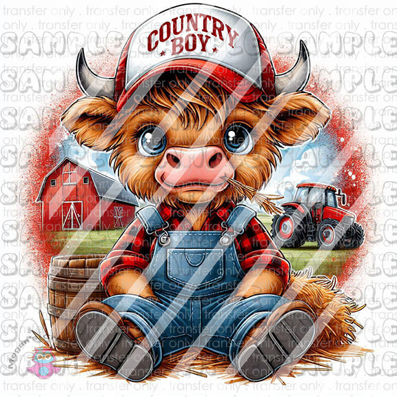 Boy Highland Cow Tractor Barn Ready To Press Sublimation Transfer