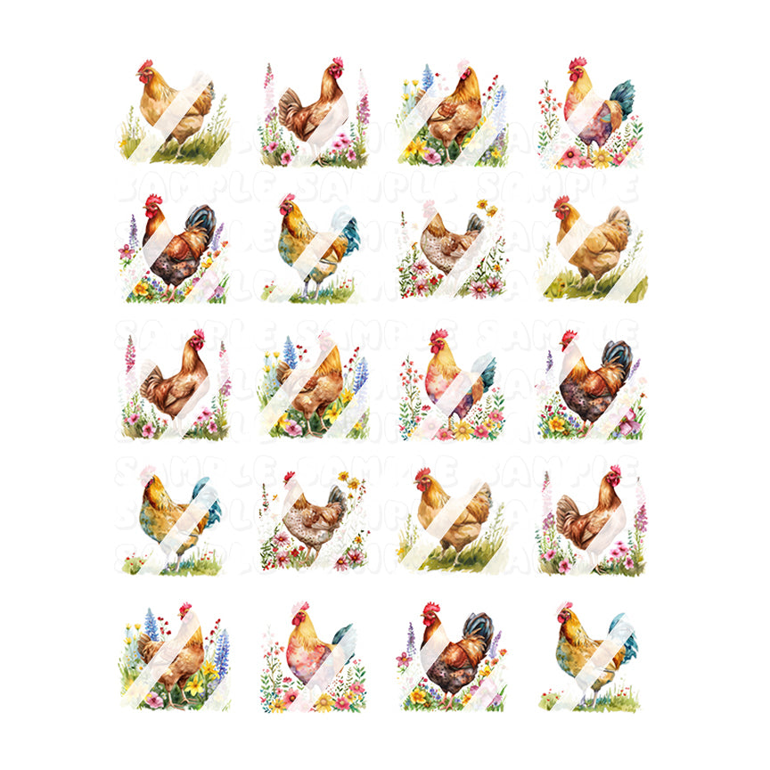 Watercolor Floral Chicken Nail Art Decals -  Waterslide Nail Decals
