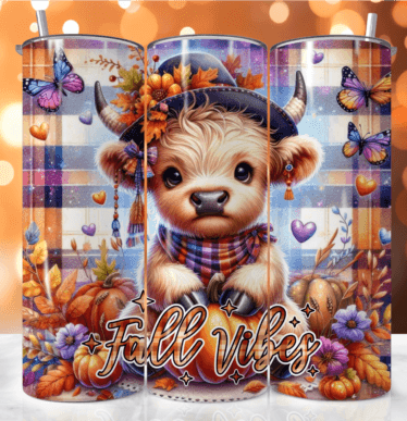 Fall Vibes Highland Cow Tumbler - Insulated Stainless Steel 20 oz. Skinny Tumbler