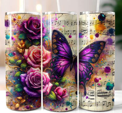 Purple Butterfly Vintage Music Note Tumbler - Insulated Stainless Steel 20 oz. Skinny Tumbler