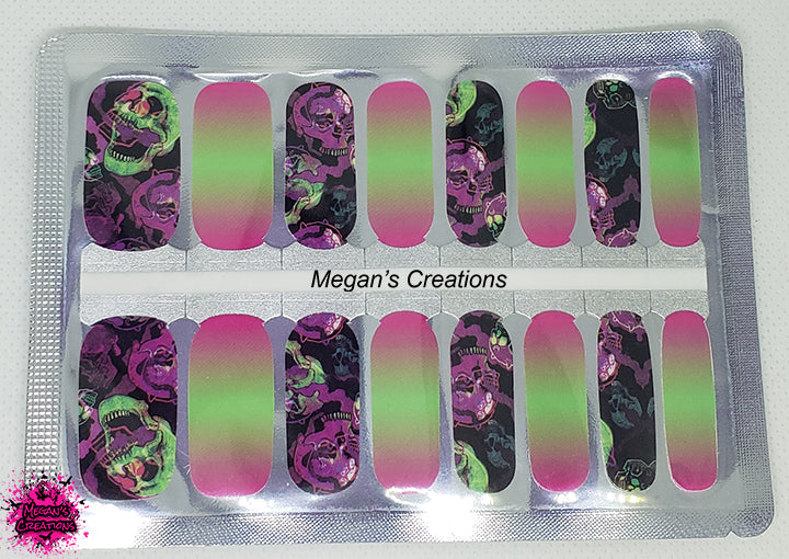 Skulls Pink Green Nail Polish Wraps - Nail Polish Strips