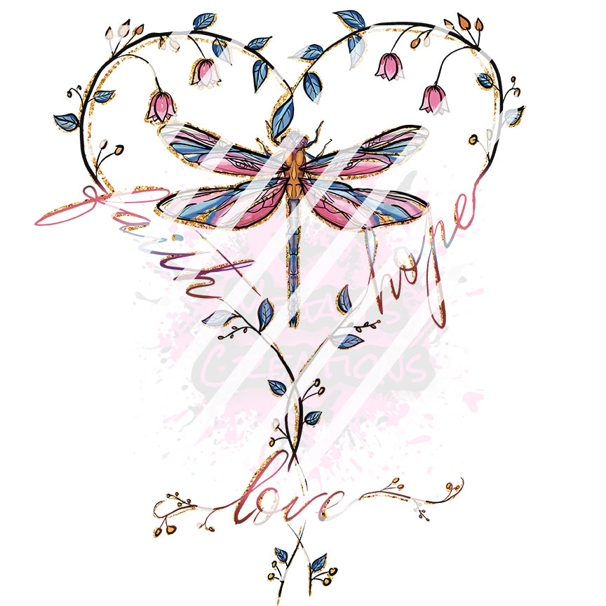 Faith Hope Love, Dragonfly,  Christian, Flowers, Heart, Ready To Press Sublimation Transfer