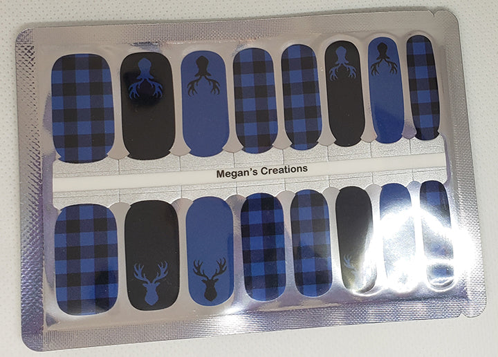 Blue & Black Plaid Deer Design #7 Nail Polish Wraps - Nail Polish Strips