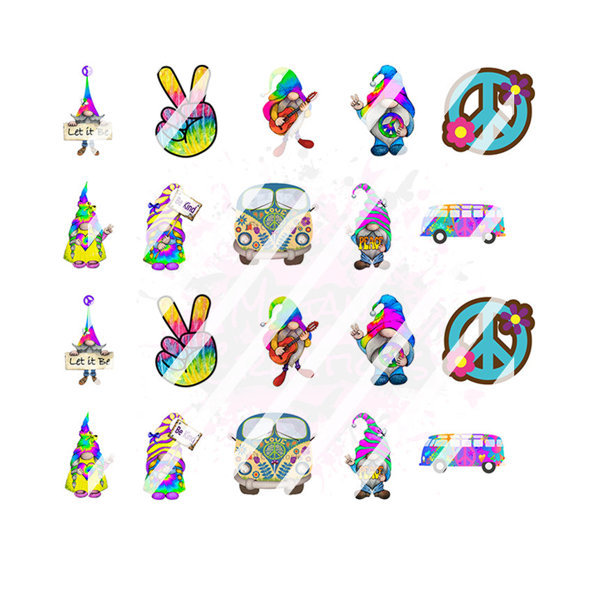 Hippie Peace Love Gnomes Nail Art Decals - Waterslide Nail Decals