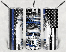 Load image into Gallery viewer, Back The Blue Messy Bun Hair 20oz Skinny Tumbler
