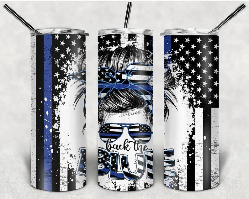 Back The Blue Messy Bun Hair 20oz Skinny Tumbler