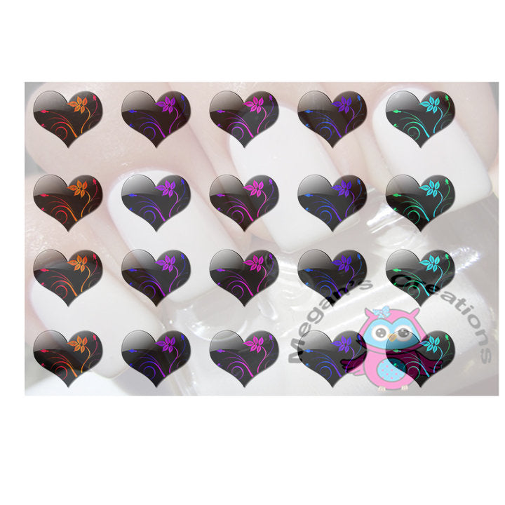 Black Flower Heart Nail Art Decals - Set of 20 decals
