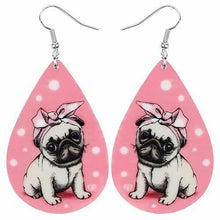 Load image into Gallery viewer, Pink and White Acrylic Teardrop Pug Dog Dangle Drop Earrings
