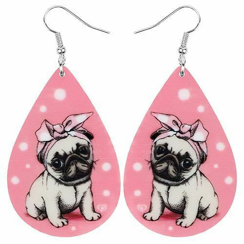 Pink and White Acrylic Teardrop Pug Dog Dangle Drop Earrings