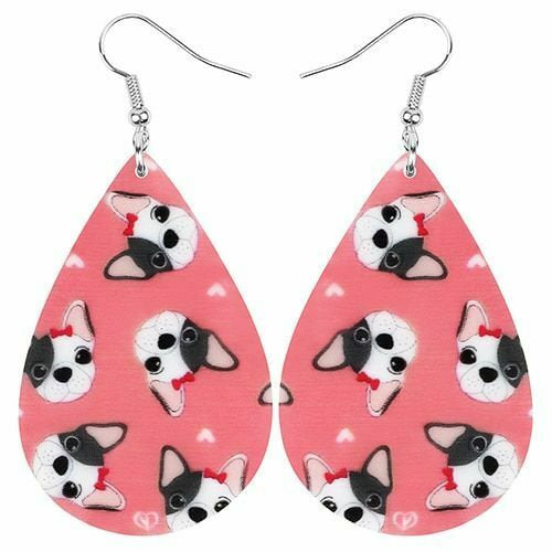 Pink and White Acrylic Teardrop Boston Terrier Boston Terrier Dog Dangle Drop Earrings