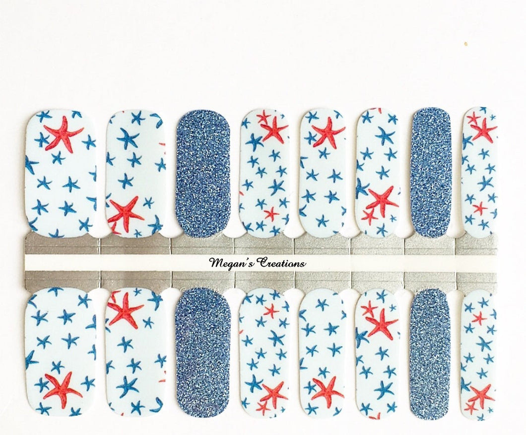 Summer Blue Glitter Starfish Nail Polish Wraps - Nail Polish Strips