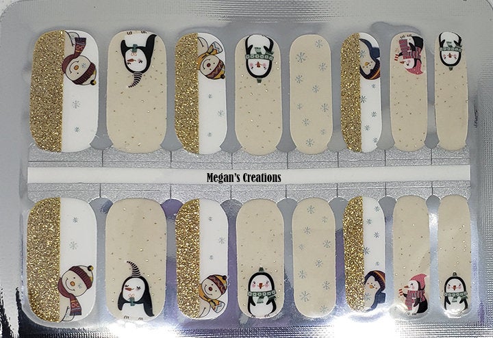 Winter Penguin  Snowman Gold Nail Polish Wraps - Nail Polish Strips