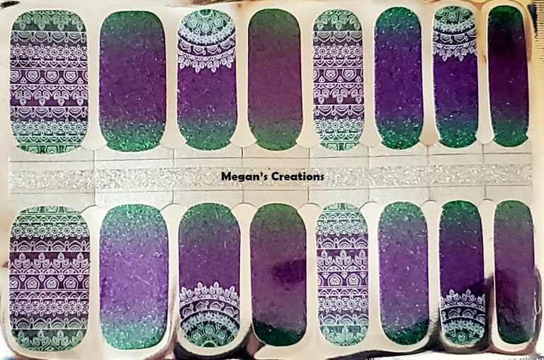 Purple Green glitter lace Nail Polish Wraps - Nail Polish Strips