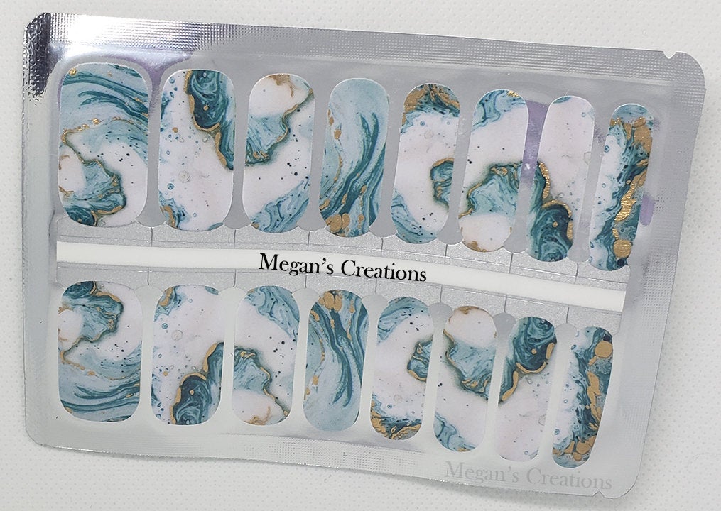 Teal Green Gold Marble Nail Polish Wraps - Nail Polish Strips