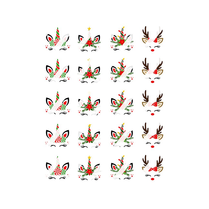 Christmas Unicorn Reindeer Faces Nail Art Decals - Waterslide Nail Decals