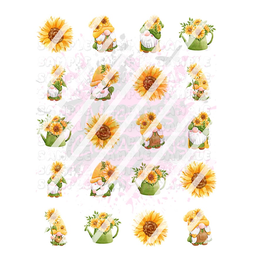 Sunflower Gnome Nail Art Decals - Waterslide Nail Decals -