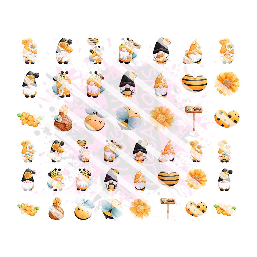 Honey Bee Gnome Nail Art Decals - Waterslide Nail Decals - Set of 45 decals