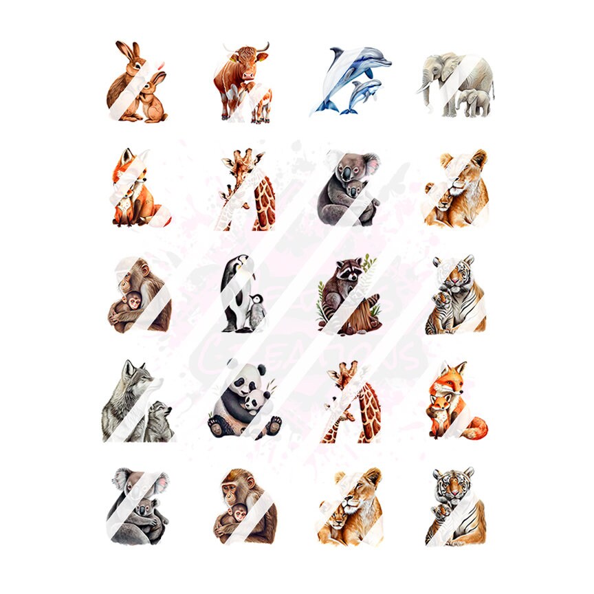 Mom and Baby Animals - Wolf - Lion- Monkey- Nail Art Decals - Waterslide Nail Decals