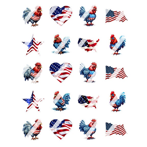 Patriotic American Rooster Chicken, Heart, Star, Flag Nail Art Decals - Waterslide Nail Decals