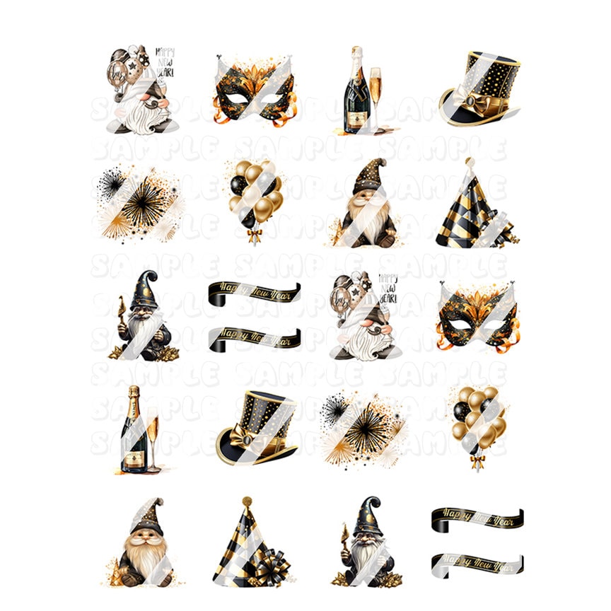 New Year Black & Gold Nail Art Decals - Waterslide Nail Decals