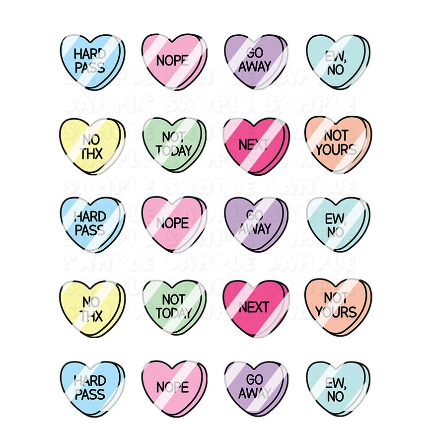Rejection Anti Valentine's Day Candy Hearts Nail Art Decals- Waterslide Nail Decals