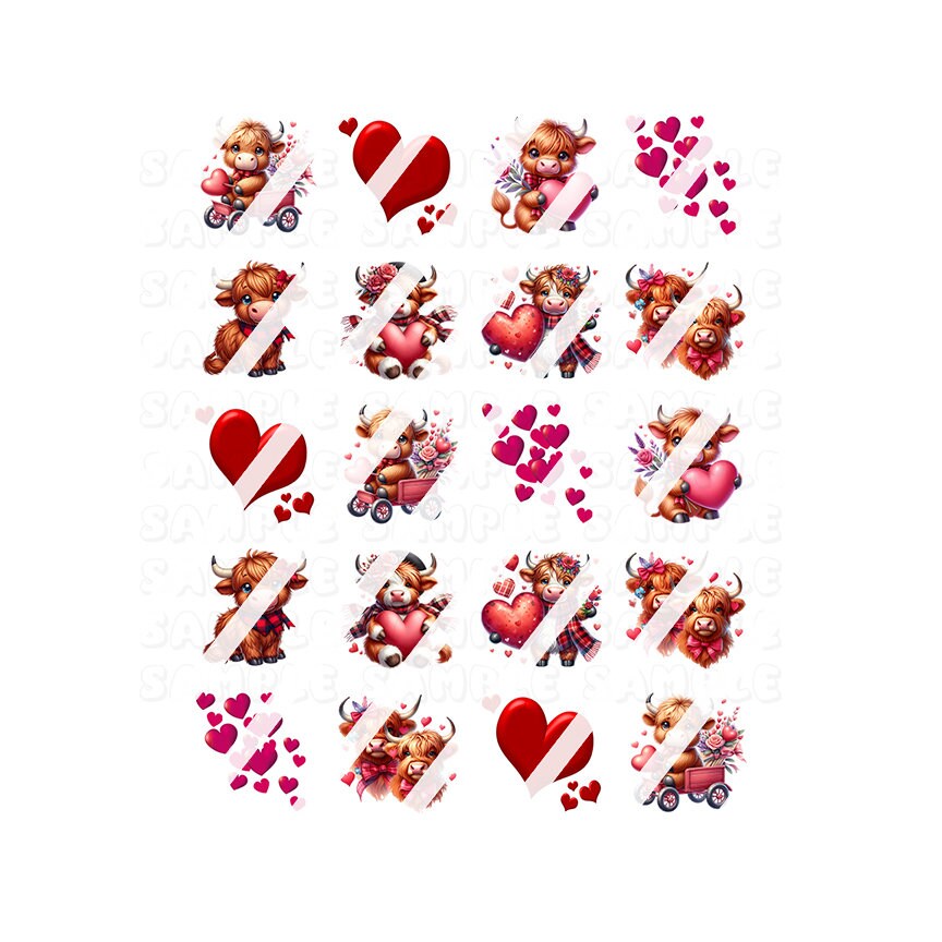 Valentines Day - Highland Cow Red Hearts Valentine's Day Nail Art Decals- Waterslide Nail Decals