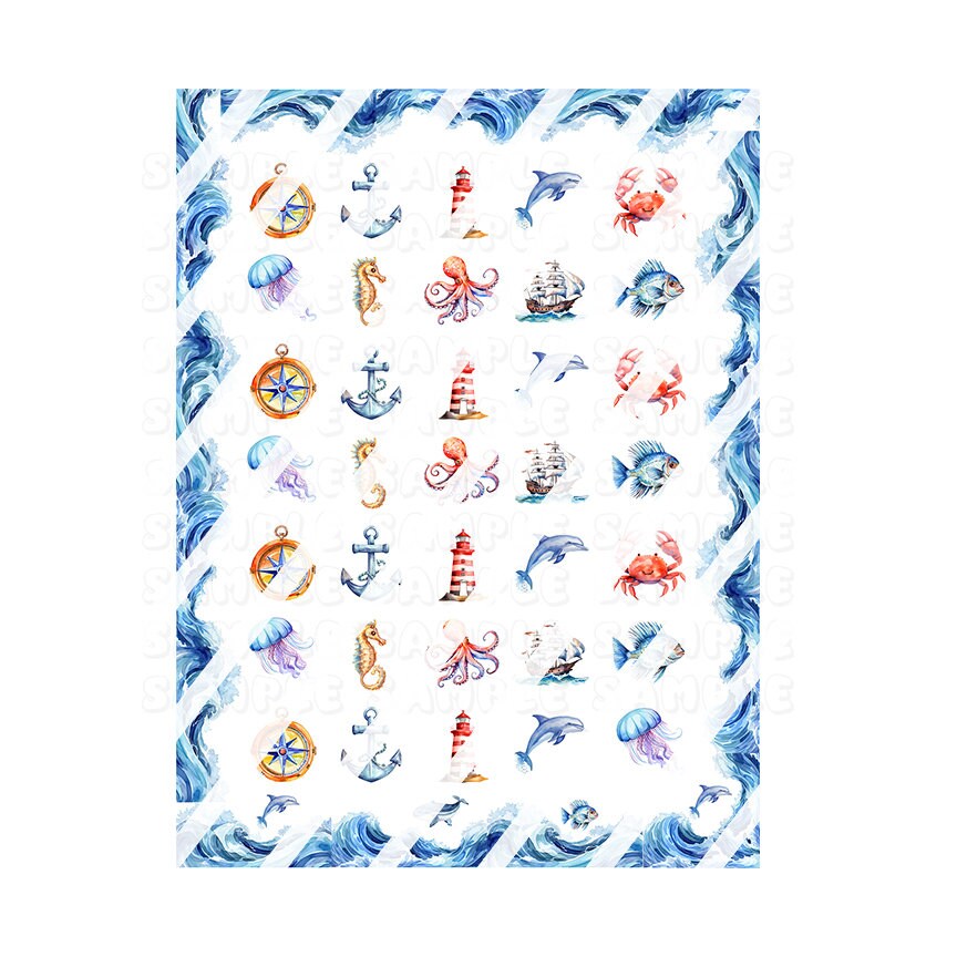 Watercolor Nautical Nail Art Decals - Waterslide Nail Decals